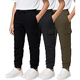 Real Essentials 3 Pack: Boys' Cotton Fleece Cargo Joggers Athletic Sweatpants - Kids Casual Sports Pants Pockets (Ages 6-16)