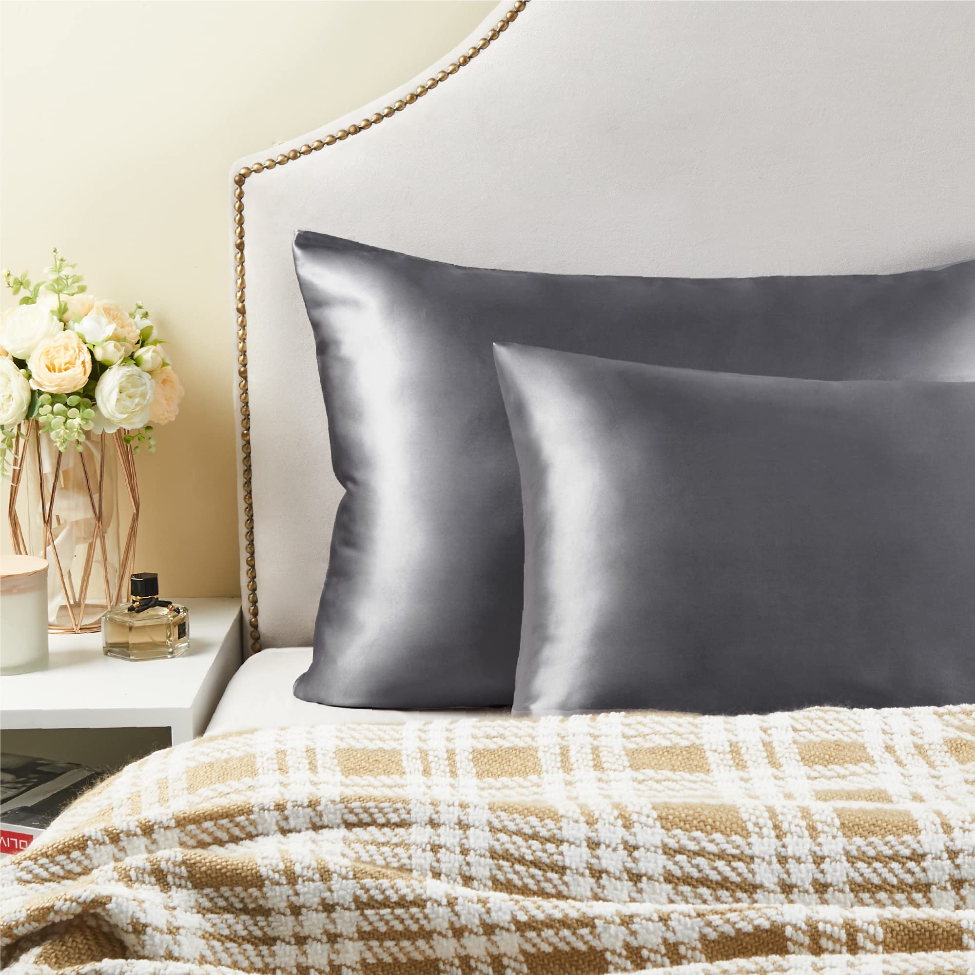 BEDELITE Satin Pillowcase with Zipper 2 Pack, Dark Grey Pillow Cases Standard Size, Super Soft and Cooling Similar to Silk Pillow Cases, Gift for Women Men(20x26 Inches) - Image 6