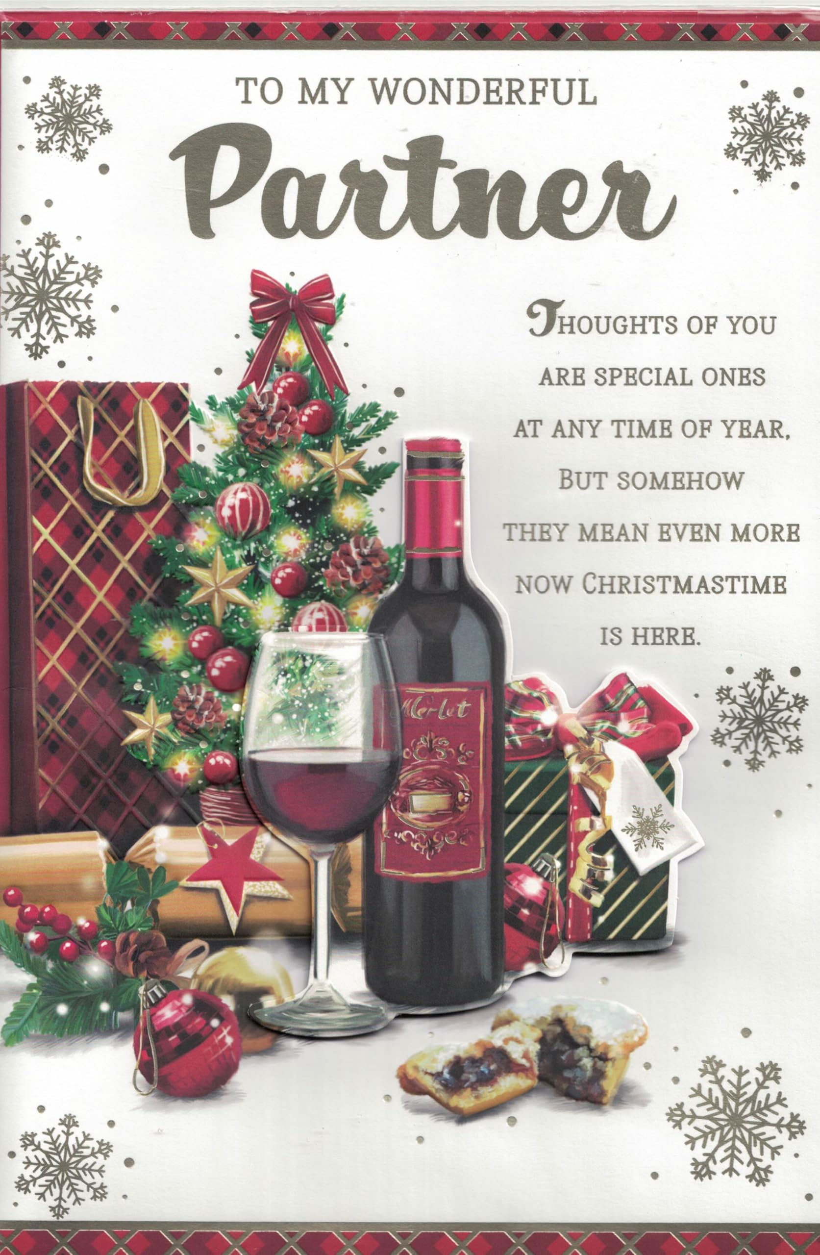 Extra Large 'To My Wonderful Partner' Christmas Card, 12 x 8 inches, Traditional Xmas Tree and Red Wine Design, 8-Page Insert