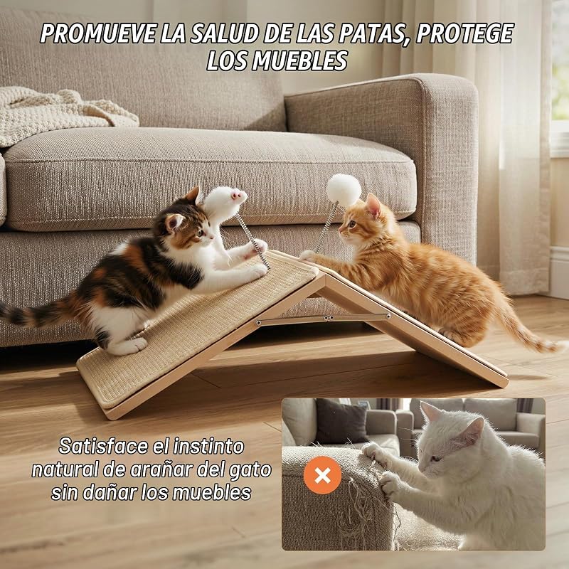 Arranhador para gatos, rampa de arranhador de sisal, tábua dobrável de madeira com 2 peluches de mola, rampa triangular para gatinhos que protege móveis, tapete antiderrapante