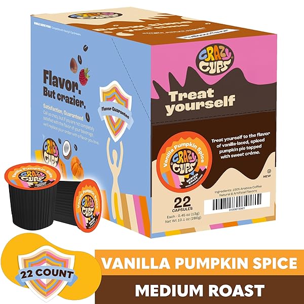 CRAZY CUPS FLAVORED COFFEE PODS, VANILLA PUMPKIN SPICE COFFEE, SINGLE SERVE COFFEE FOR KEURIG K CUPS MACHINES, HOT OR ICED COFFEE, MEDIUM ROAST COFFEE IN RECYCLABLE PODS, 22 COUNT