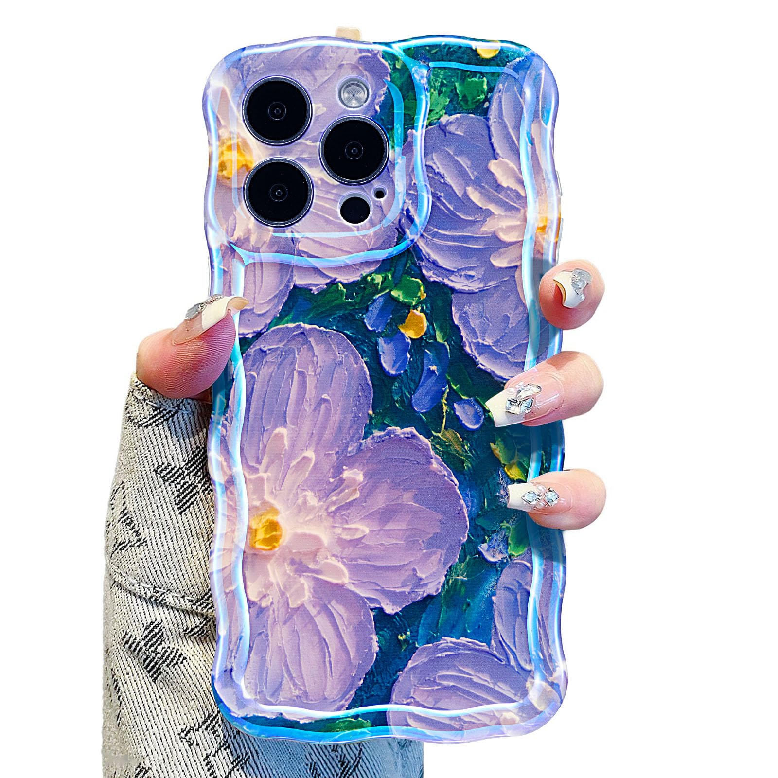 UEEBAI Case for iPhone 16 Pro Max 6.9", Glossy Oil Painting Flower Pattern Case, Curly Wave Frame, Cute Pretty Aesthetic, Lens Protection Screen anti-scratch Cover for Girl Women - Purple Flower