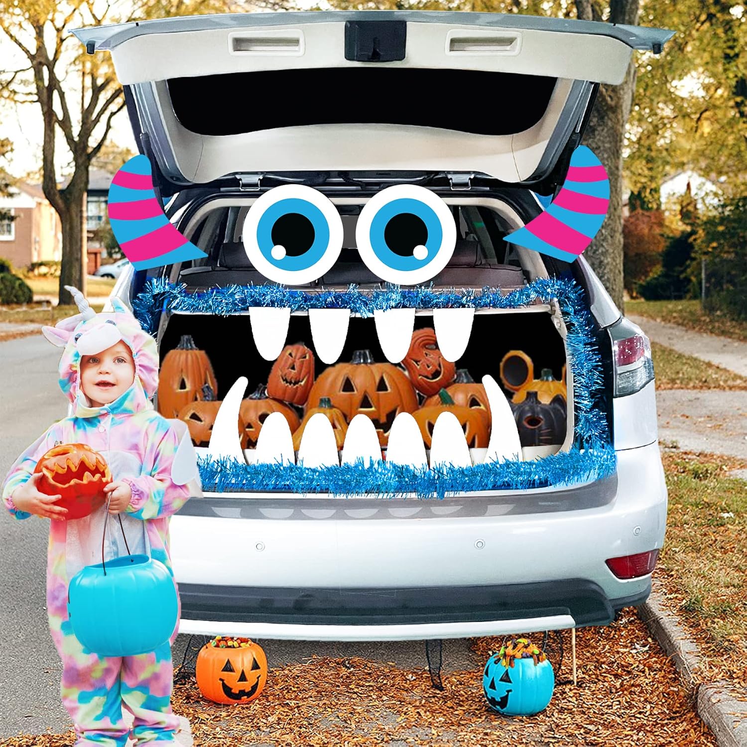 Garage Door Decorations - Joy Bang Halloween Car Decorations, Halloween Trunk or Treat Car Decorations Kit, Cute Monster with Blue Tinsel Garland Decor and Large Eyes Fangs for SUV, Halloween Garage Door Decor