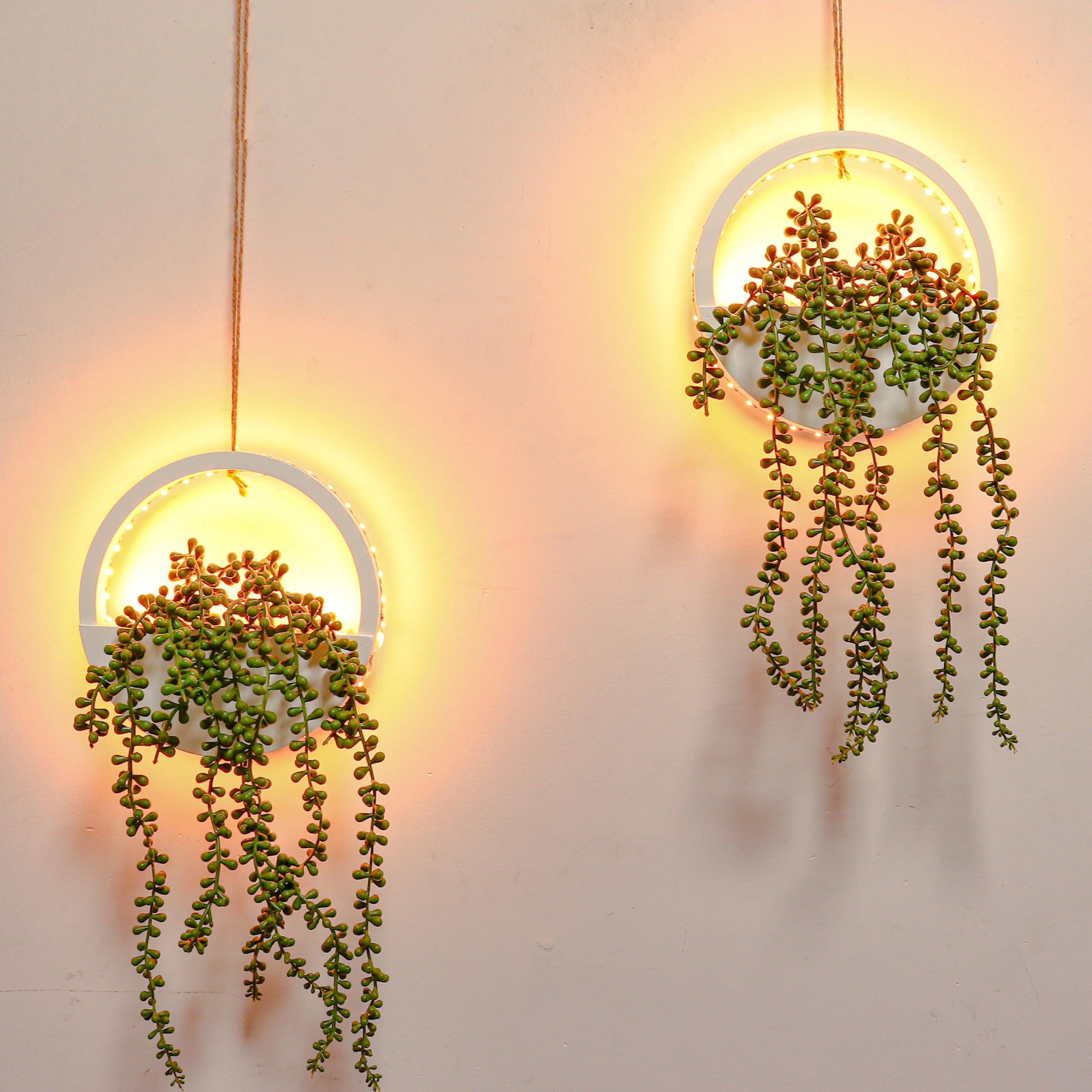 Photo 1 of Comtelek 2pcs Artificial Hanging Plants with Lights Fake Succulents Plant in Pot Boho Wall Decor Fake String of Pearls with Lanyard for Bathroom Living Room Home Balcony Ceiling (White)