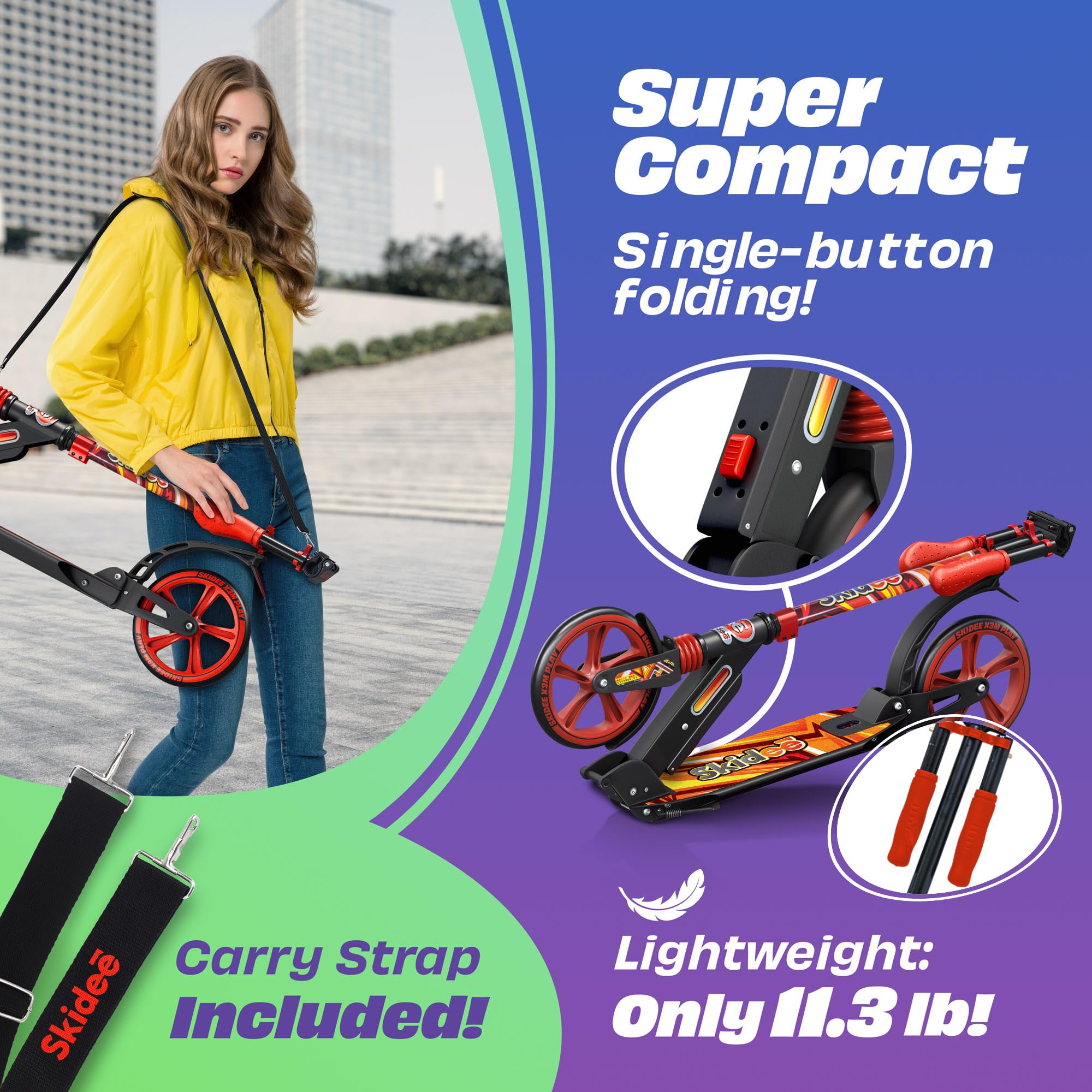 Skidee Adult & Teen Scooter Adjustable Height, Folding, Large Wheels, Lightweight, Durable, Anti-Shock Suspension, Up to 220 lbs