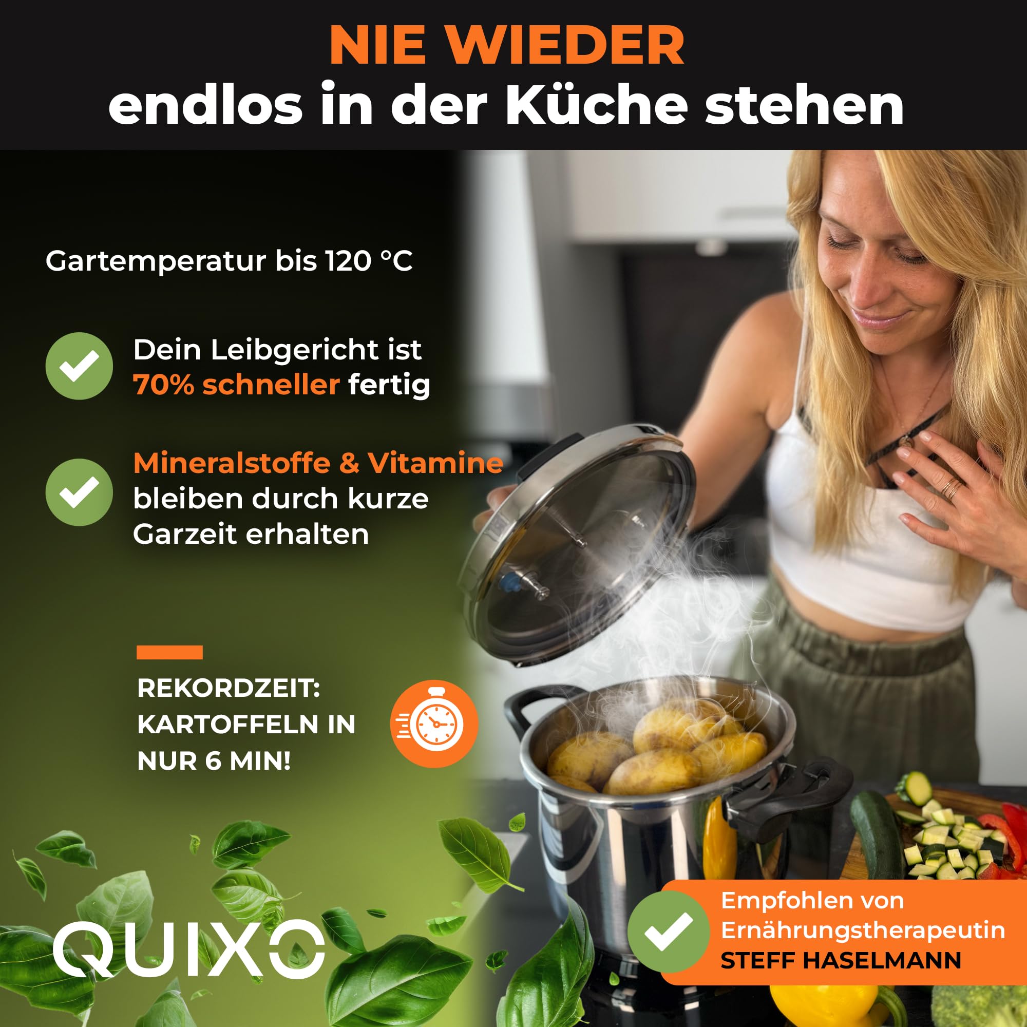 QUIXO Schnellkochtopf 6L VitaSmart mit Kochzeitsignal für alle Herdarten [NEU mit Füllmengenmarkierung] Dampfkochtopf mit 2 Garstufen (6L + Garkorb) 3