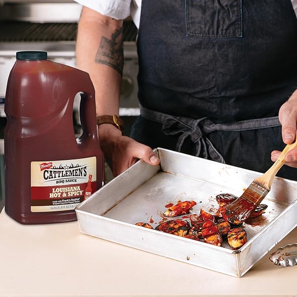 CATTLEMEN’S LOUISIANA HOT & SPICY BBQ SAUCE, 1 GAL – ONE GALLON CONTAINER OF SPICY BARBEQUE SAUCE MADE WITH RIPE TOMATOES, BEST ON SHRIMP, CHICKEN TACOS, MEATBALLS AND MORE