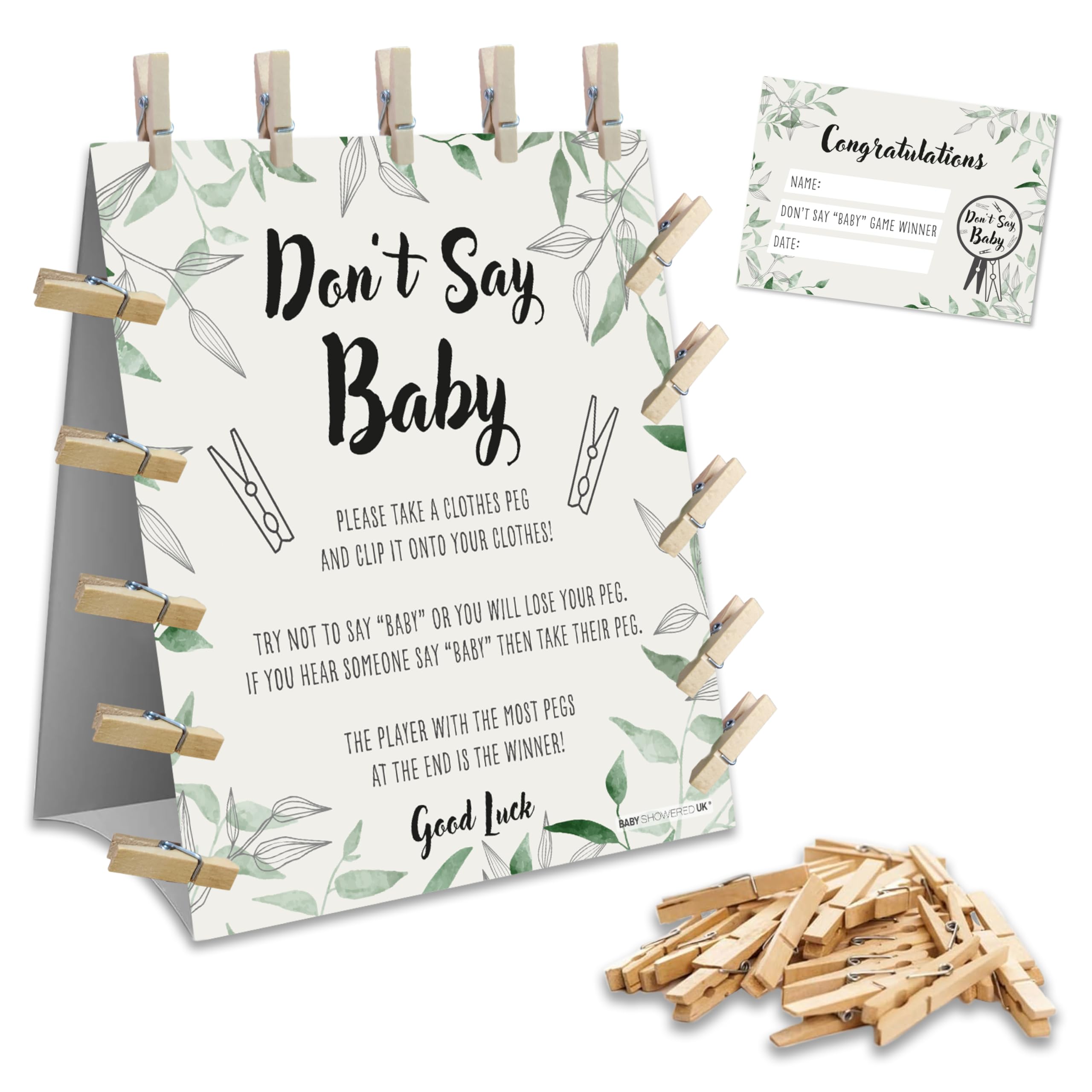 Baby Shower Games – DON’T SAY BABY – 20 Players | Clothes Peg Baby Shower game | Table Decoration | Winner Prize included for boy, girl, neutral/unisex baby shower party | Age 14+