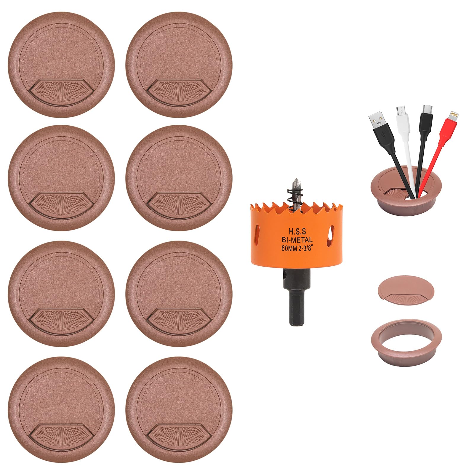 Photo 1 of VIKITON Desk Grommet 2-3/8 inch with Hole Saw, Desk Cord Hole Cover Grommet for Cables, 8 PCS, Brown
