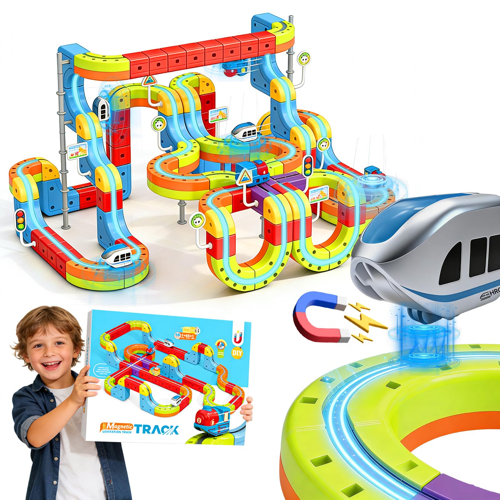 Photo 1 of 3D Infinity Cube Track Magnetic Electric Train Set for Kids 4 6 7 8,Toy Vehicle Playsets for Toddlers 3-5 Train Set Learning Gift,141 Pcs/2 car