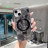 XIZYO Magnetic for iPhone 15 Plus Case Floral Flower Cute [Compatible with MagSafe] Magnetic Ring Stand Clear Rose Women Girly Kickstand Shookproof Case 6.7 Inch-Matte Black