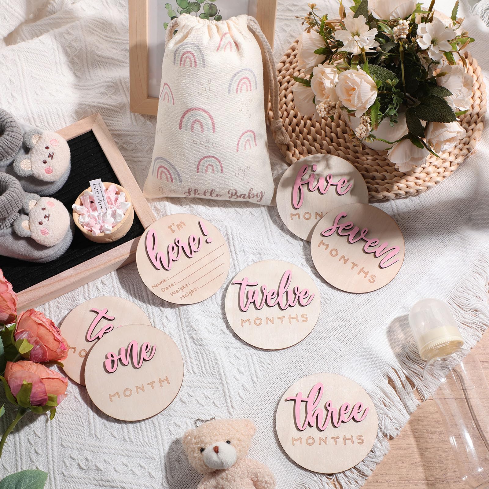 3D Baby Monthly Milestone Card Signs Baby Announcement Sign 7 Pack Double Sided Hello World Newborn Signs Wooden Circles Discs for Welcome Newborn Shower Boy Girl Photo Props(Pink)