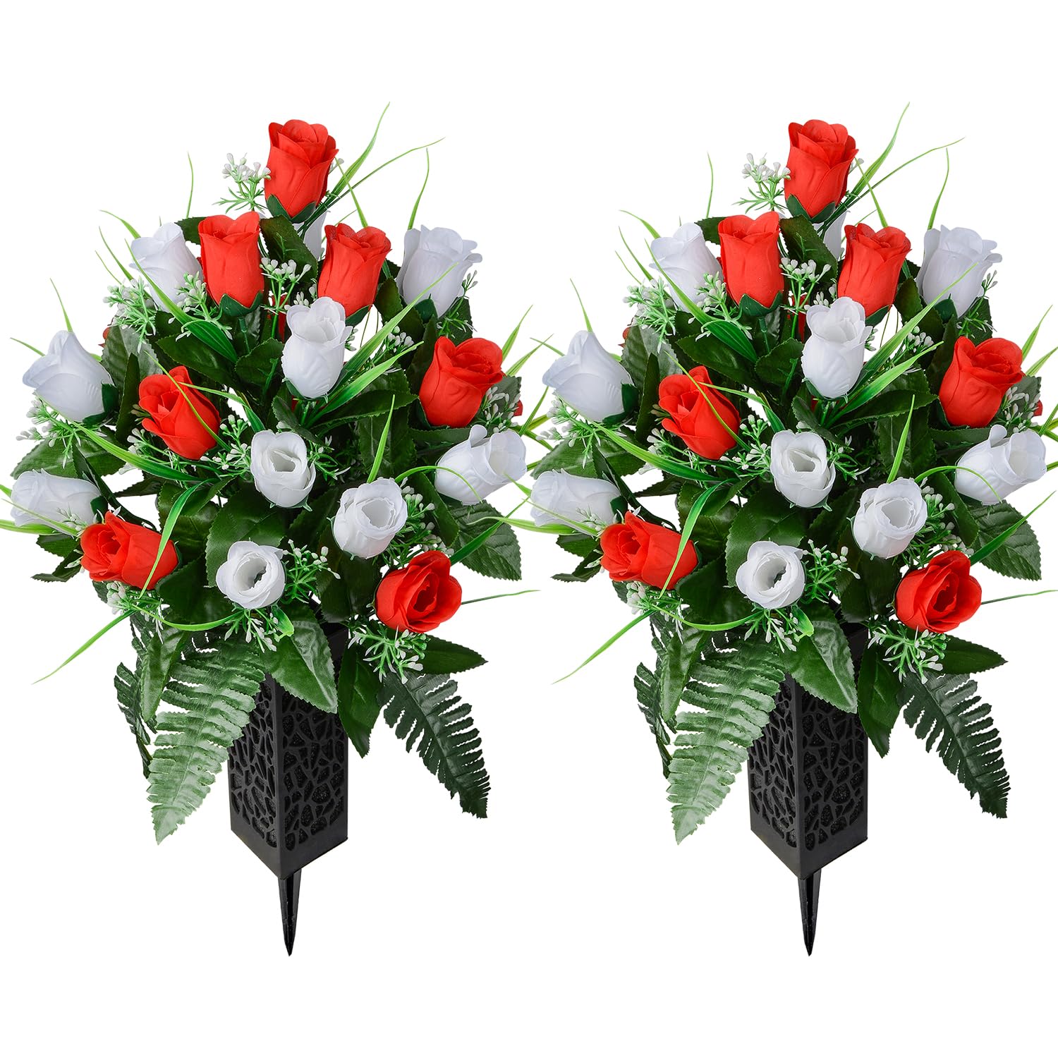 SIFOEL Set of 2 Artificial Grave Memorial Flowers Cemetery Flowers Rose Bouquet with Vase for Cemetery Graveyard Headstones Decoration (Red&White)
