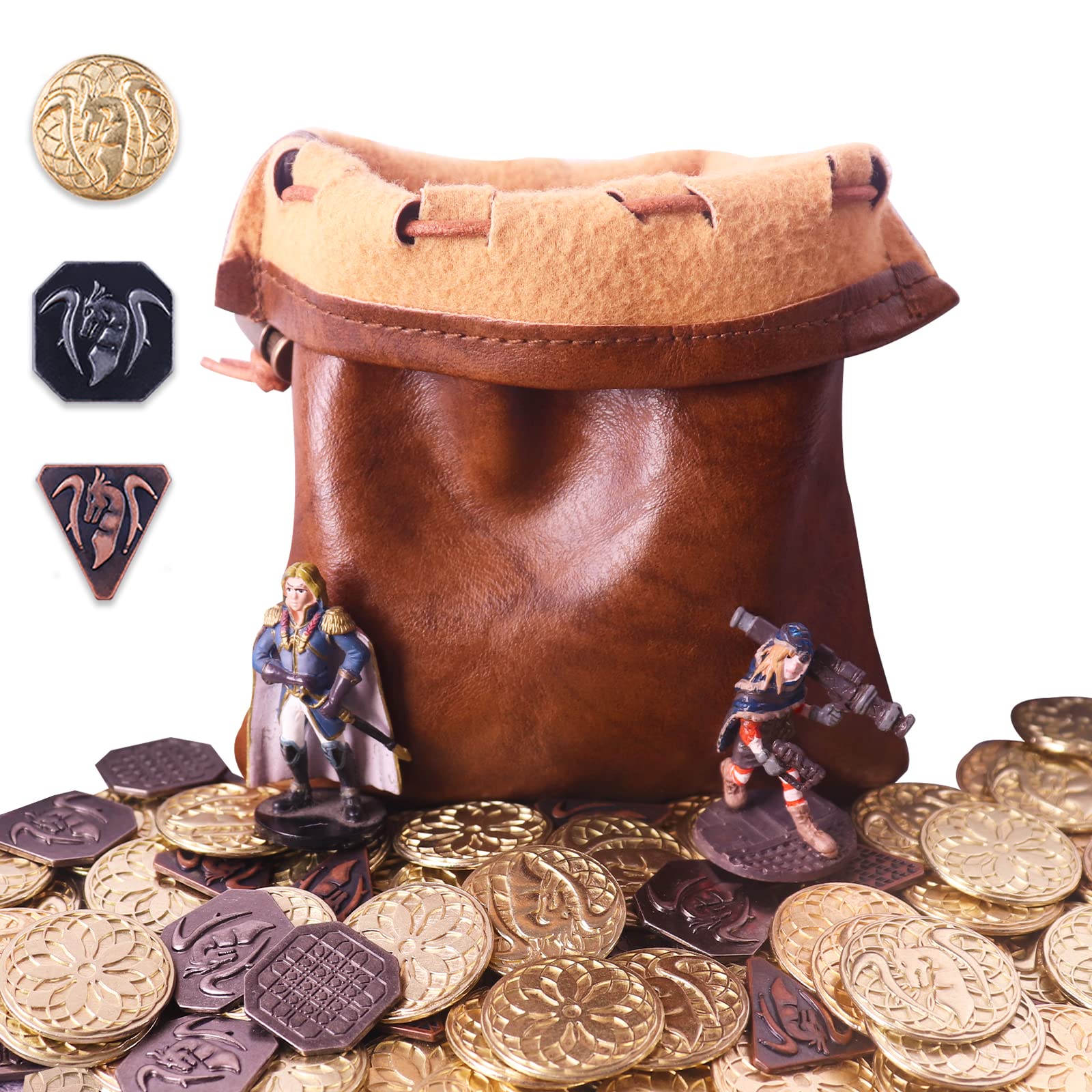 Byhoo 70PCS Metal DND Coins & PU Leather Bag, Contains 30 Gold Coin, 20 Sliver Coins and 20 Copper, Fantasy Coin for Board Game, Game Token with Retro Leather Pouch, Medieval Game Retro Props