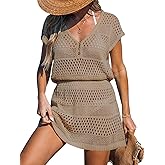 CUPSHE Women Crochet Swimsuit Cover Ups Hollow Out Short Sleeve Beach Coverup Dress