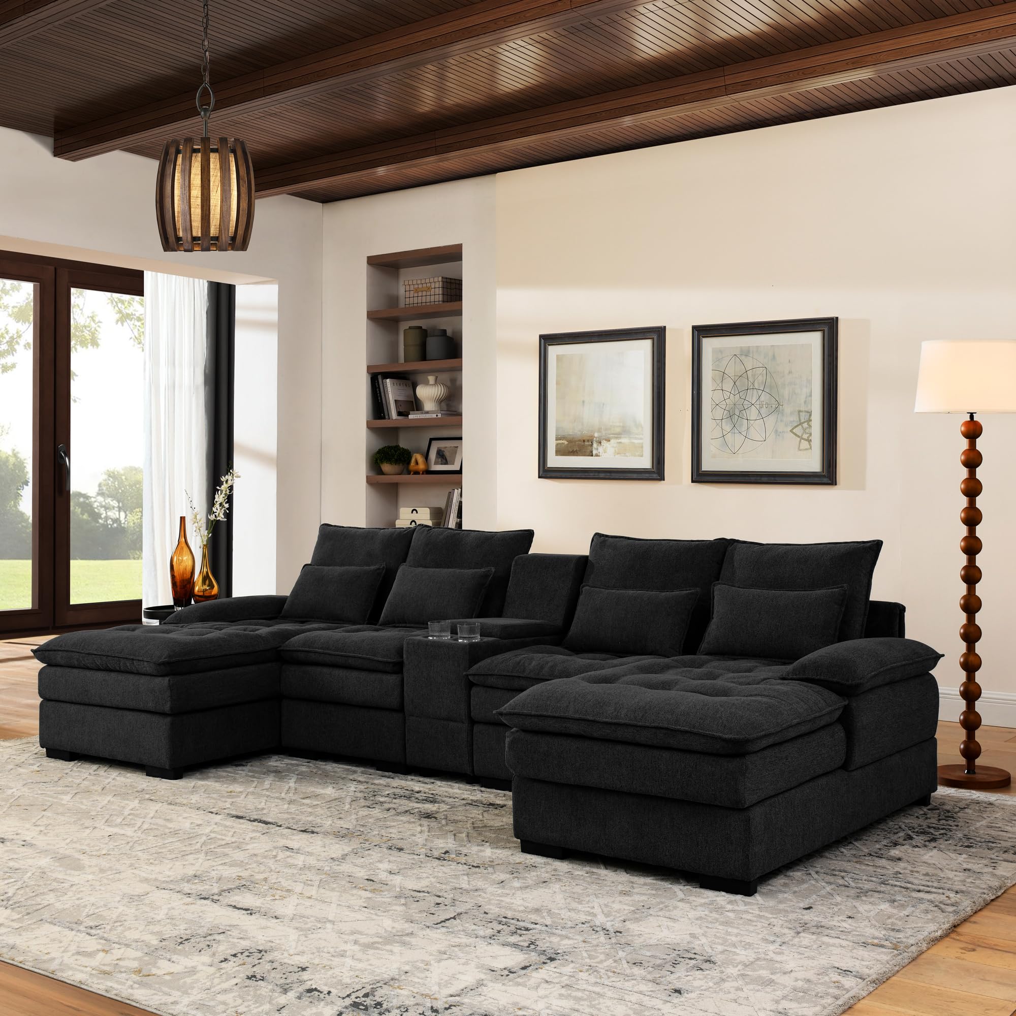 Photo 1 of FAVSH 130" U-Shaped Sectional Sofa with Storage Console & Cup Holders, Upholstered 6 Seat Living Room Sleeper Couch Furniture Set w/Chaise, Cloud Cushion Couch for Home, Office, Apartment,Black