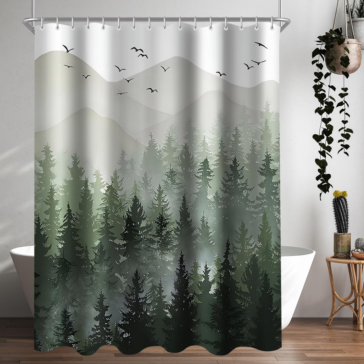 Lerores Shower Curtain, 240 x 180 cm, Forest Anti-Mould Textile, Weighted Hem Water-Repellent, Washable Polyester Fabric Bath Curtains with 16 Eyelets and Shower Curtain Rings for Bathroom, Bathtub