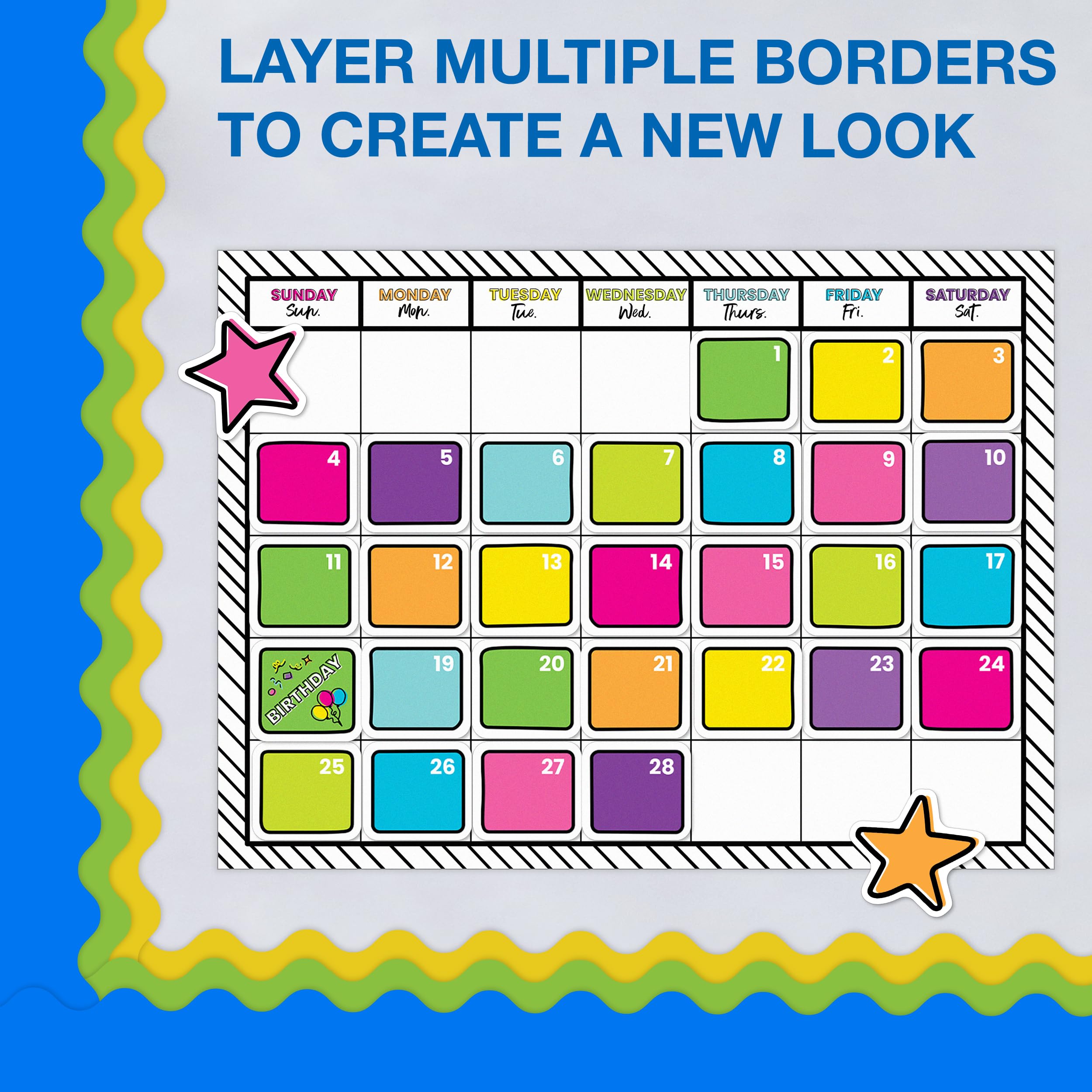 Carson Dellosa 65Ft of Blue Bulletin Board Borders, 1 Roll of Scalloped Trim for Rolling Whiteboard, Cork and Posterboard, Patriotic Decorations, Party, and Classroom Decor