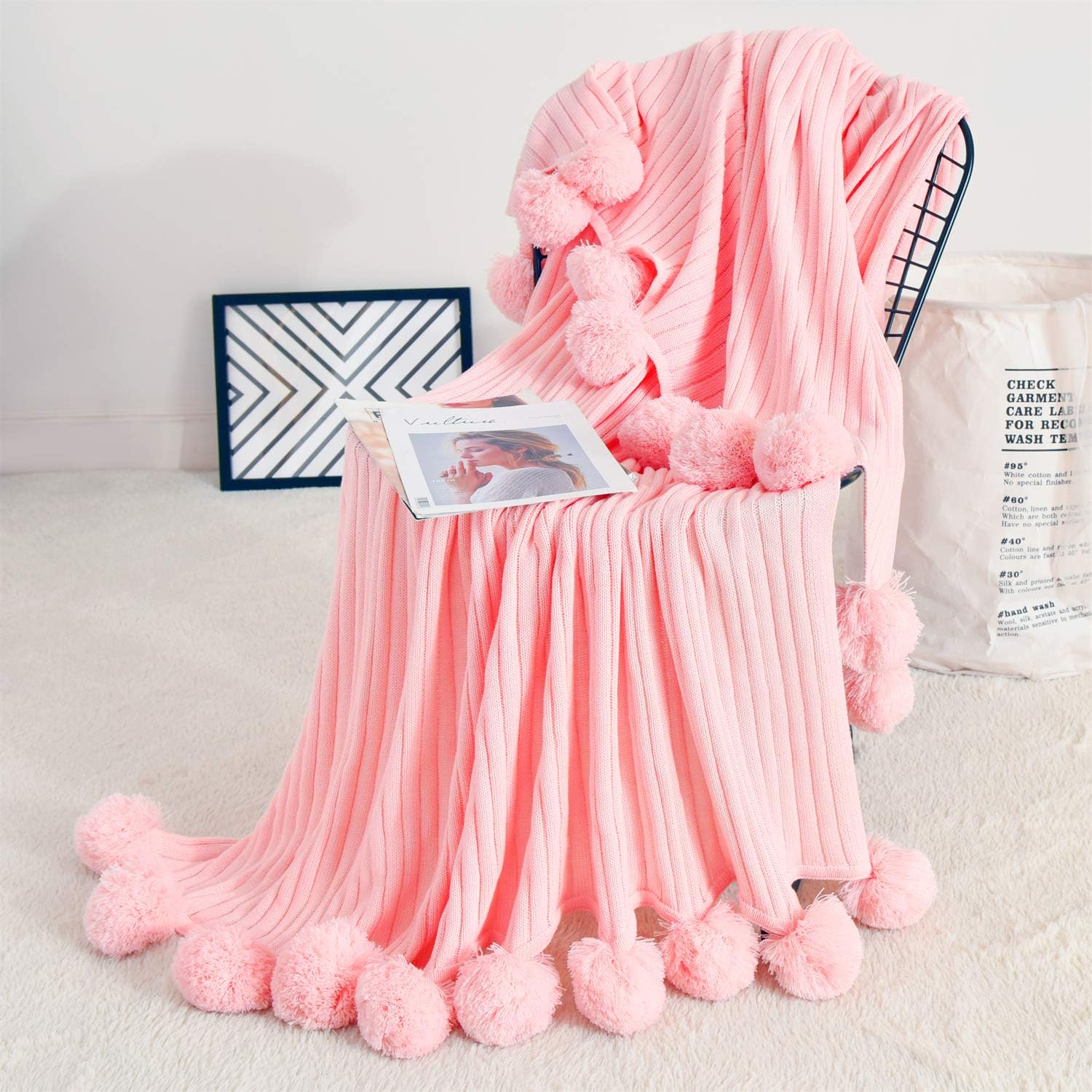 ABREEZE Pom Pom Throw Blanket Knit Throw Blankets with Pompom Fringe 100% Cotton Knitted Blanket Reversible Sleeping Blanket 59"x79",Pink