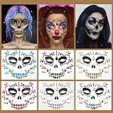 Face Jewels Temporary Face Tattoos, 6-Pack Day Of The Died Skull Festival Face Gems, Crystal Make up Eye Glitter Face Stickers for Halloween