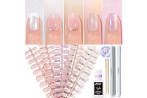 Chrome French Tip Press on Nails Short 5 Styles, Jofay Fashion 120Pcs Salon-Like Acrylic Fake Nails with Mermaid Pearl Chrome Gold Foil End Designs, Glossy & Natural Glue on Nails Set F