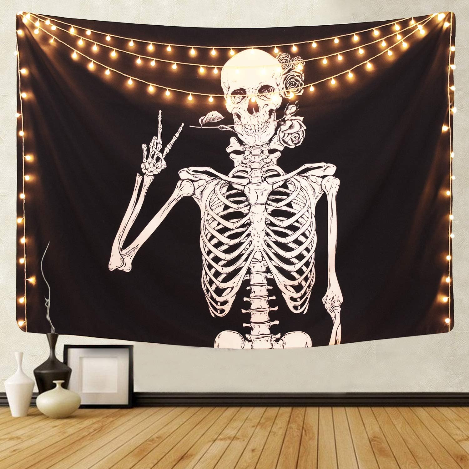 Martine Mall Rock and Roll Skull Tapestries, Funny Skull Human Skeleton Tapestry Wall Hanging for Room Decoration, Black and White Wall Art Tapestry (59.1" x 82.7")