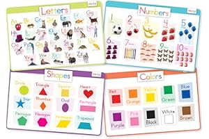 merka Placemats for Kids, Set of 4 Reusable, Washable Toddler Placemats with Non-Slip Back, Learn Letters, Numbers, Shapes, Colors, Perfect for Mealtime, Playtime and Craft Activities, 17 x 11 in
