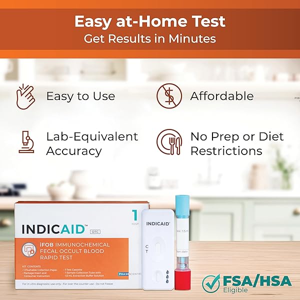 INDICAID IMMUNOCHEMICAL FECAL OCCULT BLOOD RAPID TEST (IFOB), FIT COLON TEST, ACCURATE AND EASY AT HOME, NO PREP REQUIRED, FSA/HSA ELIGIBLE (1 PACK)
