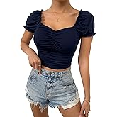 SweatyRocks Women's Ruched Short Puff Sleeve Tops Sweetheart Neck Frill Trim Elegant Shirts Crop Tops