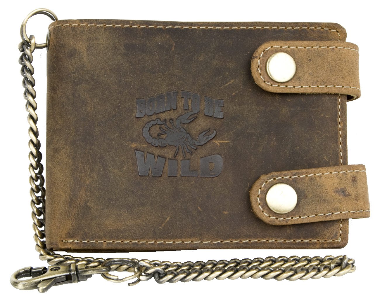 Born to be wild Men's Horizontal Natural Genuine Leather Wallet with Metal Chain with Scorpion