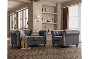 Morden Fort 2 Piece Classic Chesterfield 3-Seater Set, Tufted Chair & Loveseat Furniture Solid Wood Legs Thick Cushion, Pet-Friendly Couch Set for Living Room Bedroom Apartment, Velvet Grey