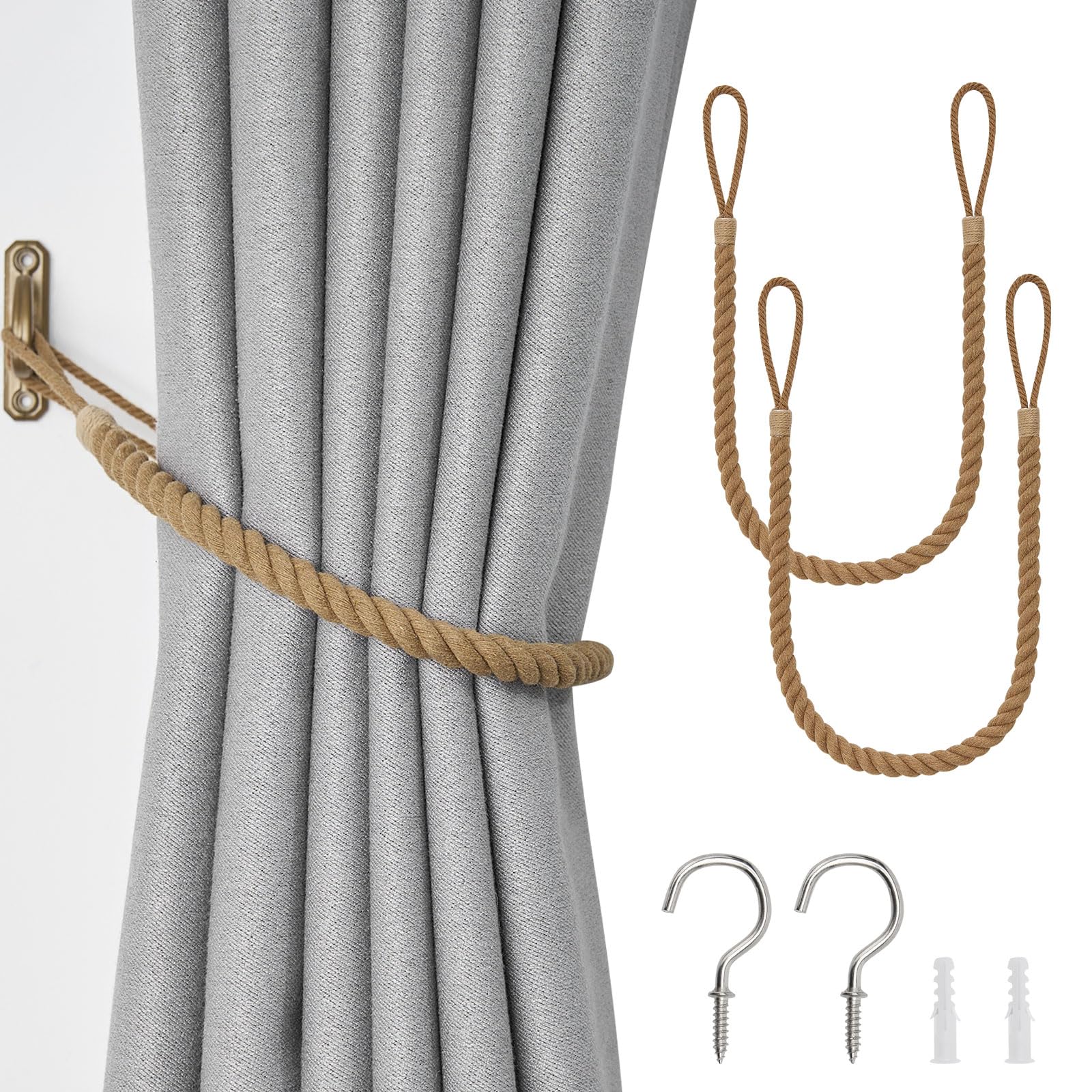 Pretty Jolly 2 Pack Natural Cotton Rope Curtain Tiebacks Boho Rustic Style Decorative Drape Tie Backs Hand-Woven Rope Curtain Holdbacks with Metal Hook for Home & Office Drapery (Cotton-Khaki)