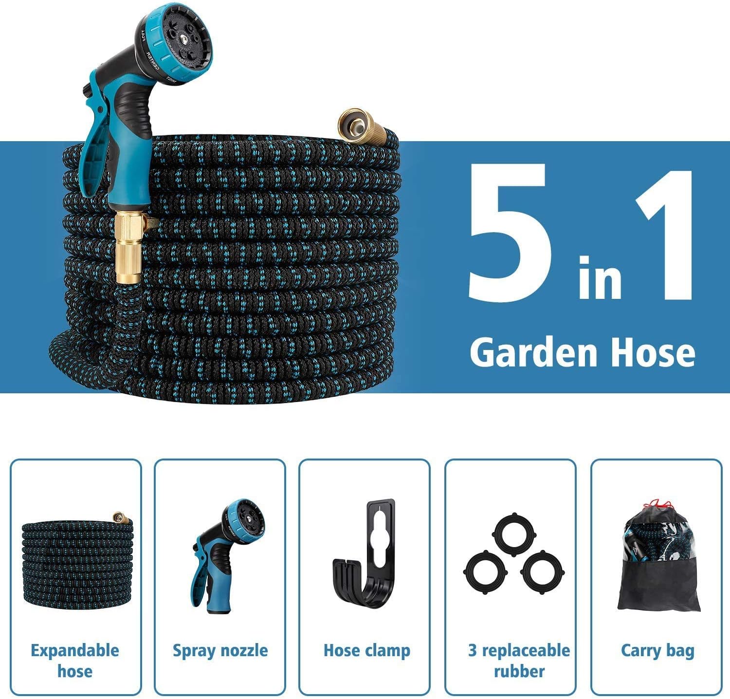 Gpeng 50ft Expandable Garden Hose, Water Collapsible Hose with 9 Function Spray Nozzle, Durable 3-Layers Latex Core with 3/4" Solid Brass Fittings, Lightweight Expanding Flexible Hose : Garden & Outdoor