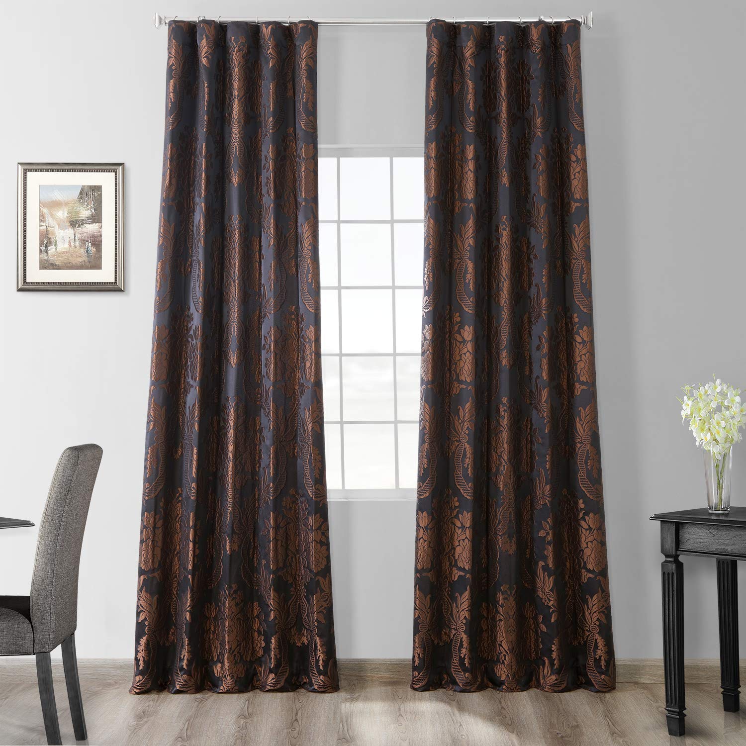 HPD Half Price Drapes Designer Damask Curtains for Room Decoration 84 Inches Long Faux Silk Room Darkening Curtains (1 Panel), 50W x 84L, Magdelena Black/Copper — image 1