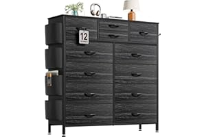 YaFiti Dresser for Bedroom with 12 Drawers, Chest of Drawers with Side Pockets and Hooks, Fabric Dresser Drawers for Living Room, Hallway, Entryway (Black Wood Grain)
