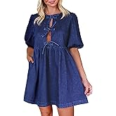 Qazel Vorrlon Denim Dress for Women Puff Short Sleeve Babydoll Jean Romper Pockets Summer Casual Blue Dresses 2025 Trendy