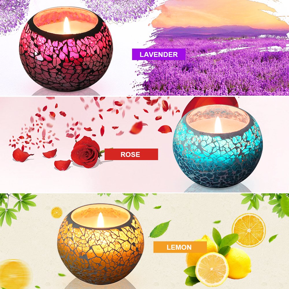 KUD Scented Candles Gift Set, U2C Handmade 3 x 4.4 Oz 100% Natural Soy Glass Candles, Set of 3: Lavender, Rose and Lemon Travel Candle, Use for Aromatherapy, Weddings, Candles (3 Pack)