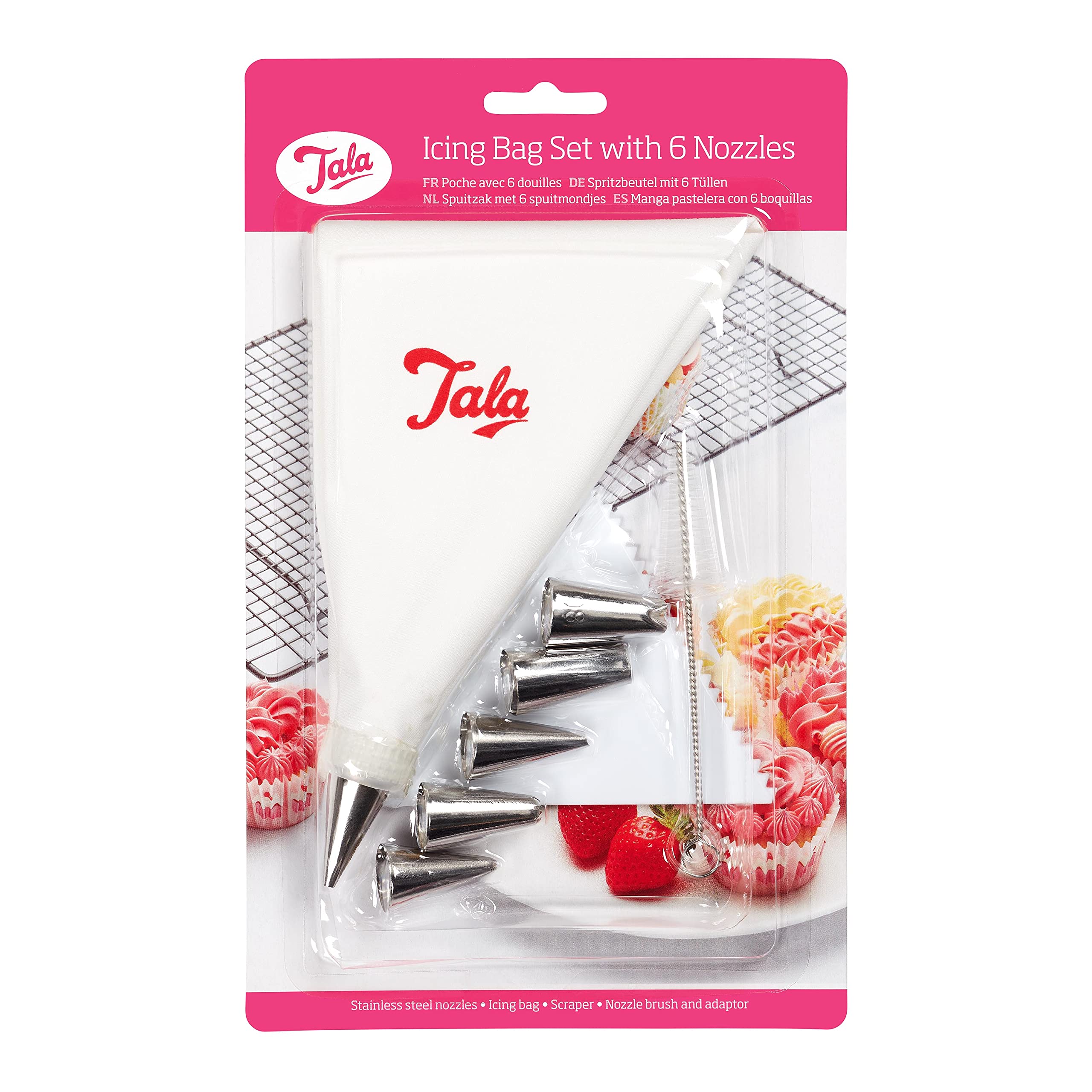 Tala 9 Piece Icing Bag Set with Interchangable Piping Nozzles, Icing Scraper and Cleaning Nozzles, The Icing Bag is a Reusable Anti-Slip Large Piping Bag, Easy Handwash Cleaning