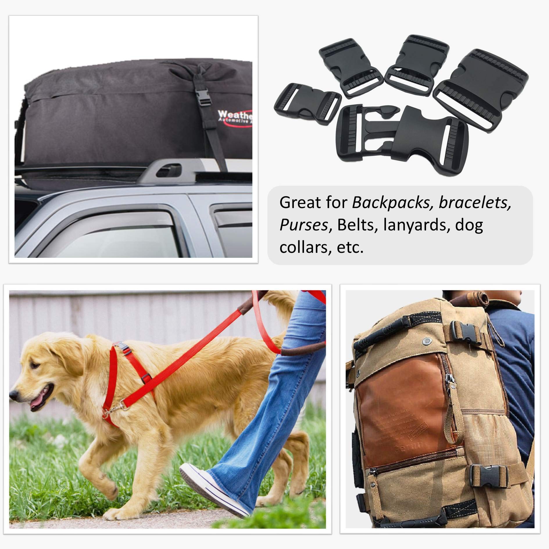 2 Set 2 Inch Flat Dual Adjustable Plastic Quick Side Release Plastic Buckles and Tri-glide Slides for Luggage Straps Pet Collar Backpack Repairing (Black, Fit For 2”/50mm Webbing Straps)