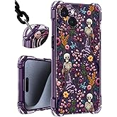 Toycamp for iPhone 15 Plus Case with Strap for Women - Cute Funny Girls Girly Skull Flower Pattern Design for iPhone 15Plus Case with Wrist Lanyards Four Corners Flexible Hang Style