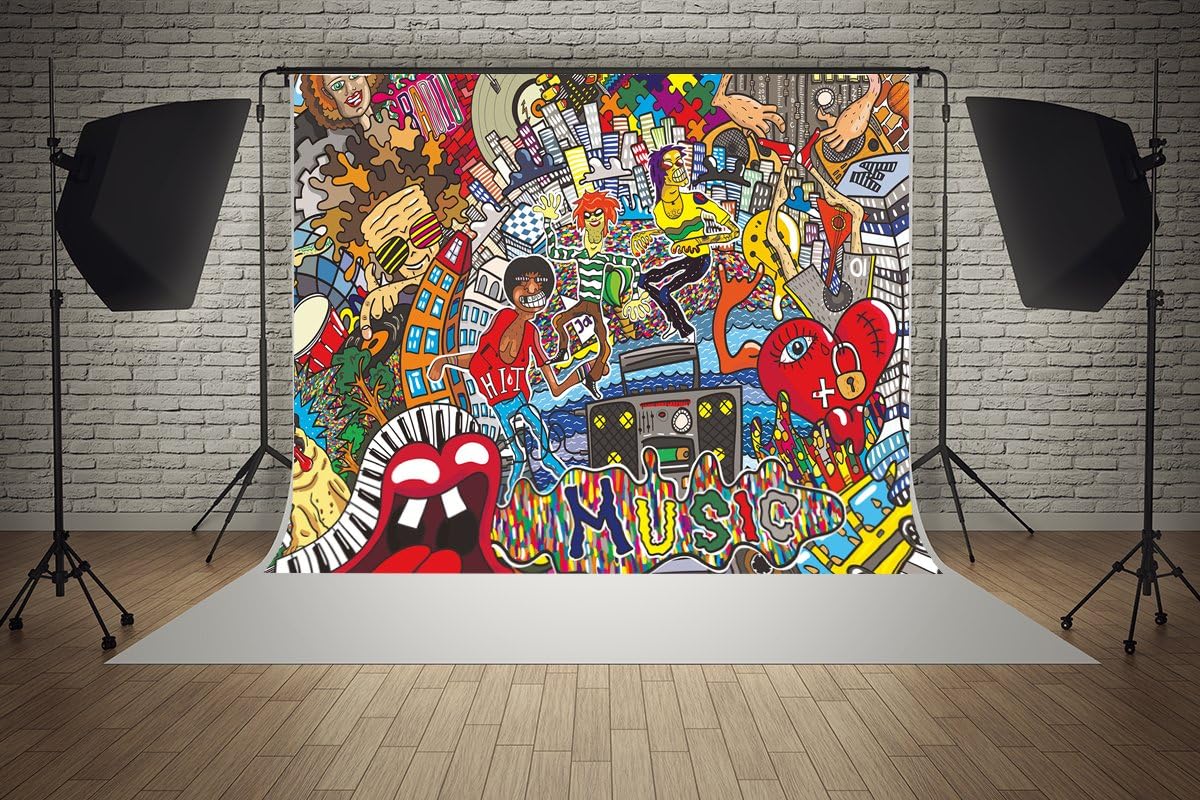 7ft(W) x5ft(H) Graffiti 80s 90s Hip Hop Music Street Art Party Decorations Cotton Polyester Photography Backdrop Seamless No Creases Folding and Washable Photo Booth Background