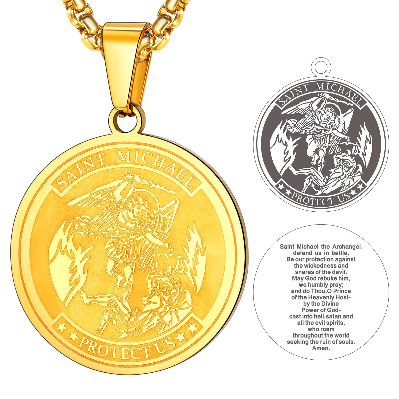FaithHeart Gold Plated Coin Necklace for Women Saint Michael Protect Us Medal Jewellery Stainless Steel Archangel St Michael Necklaces Talisman Amulets Lucky Charm Christian Gift for Mother — image 1