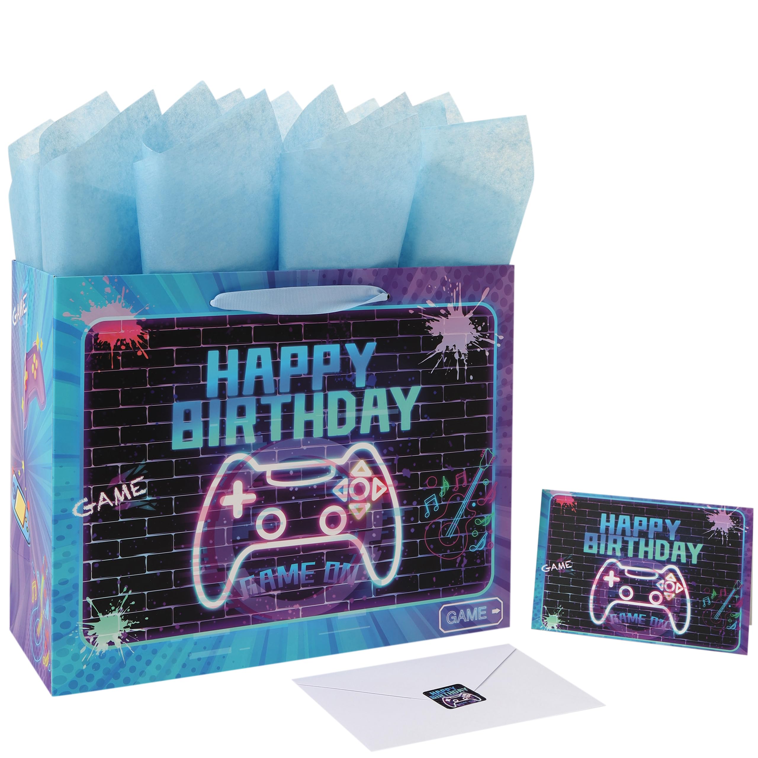 Photo 1 of 13” Large Gamer-themed Birthday Gift Bag Set with Handles, Greeting Card, Tissue Papers and Stickers for Boys Girls Kids Teens Men Women, Game Design, 1 Pcs
