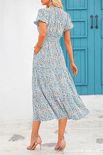 uSecee Womens Bohemian Dress Casual Summer Dress Ruffle Sleeve