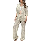 Famulily Womens 2 Piece Crochet Knit Cover Up Summer Beach Coverups Set with Short Sleeve Button Tops and Long Pants