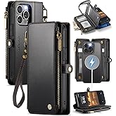 Defencase for iPhone 15 Pro Max Magnetic Wallet Case Compatible with Magsafe with RFID Blocking Zipper Strap Card Holder for Women Men, PU Leather Detachable Case for iPhone 15 Pro Max (6.7"), Black