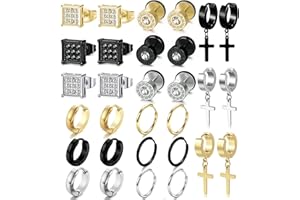 NUNPAG 15 Pairs Earrings Set for Men and Women, Black Silver 14K Gold Plated Earrings Stud Kit for Men Women 5 Pairs of Each Fashion Ear Piercing Jewelry Cross Dangle Hoop Earrings Set (14K Gold)