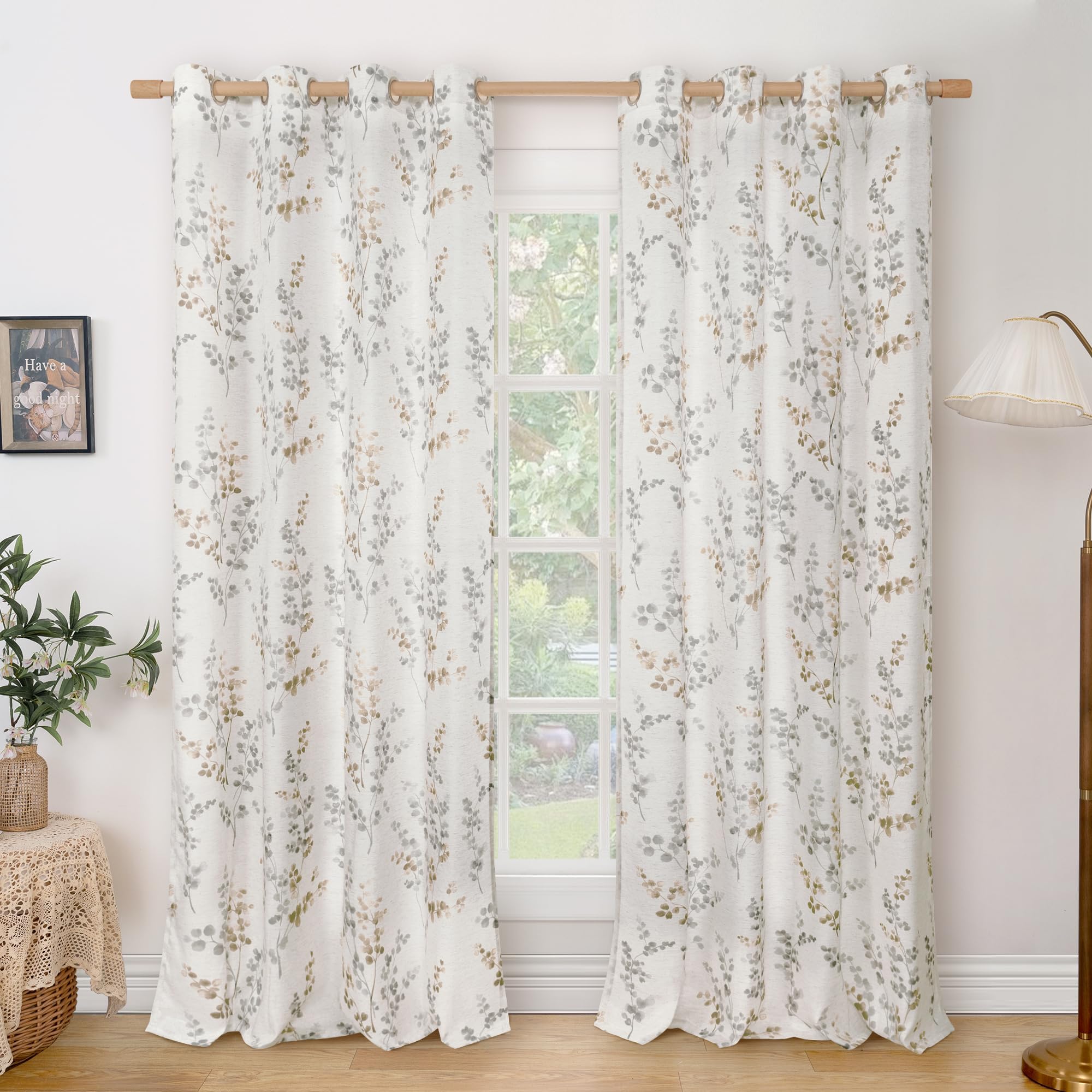 BGment Linen Curtains for Living Room 90 Inch Length 2 Panels Set Floral Leaf Patterns, Light Filtering Window Privacy Curtains for Bedroom Boho Farmhouse Vintage, Each 52 Inch Wide, Brown Image