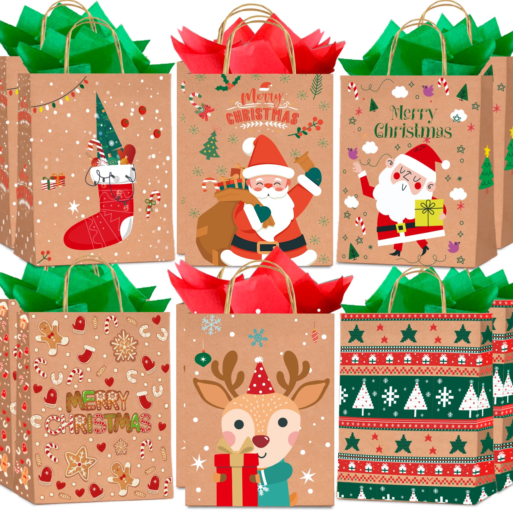 Wlulu Christmas Bags 12 Pcs for Presents with Tissue Paper Kraft Xmas Gift Bags for Christmas Wrapping