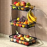 Sevenblue 3 Tier Fruit Basket for Kitchen Counter with 2 Mobile Banana Hangers, 2026 Pro Detachable Metal Fruit Bowl with Wooden Handle, Fruit Holder for Bread Snack Veggies with Protective Mats